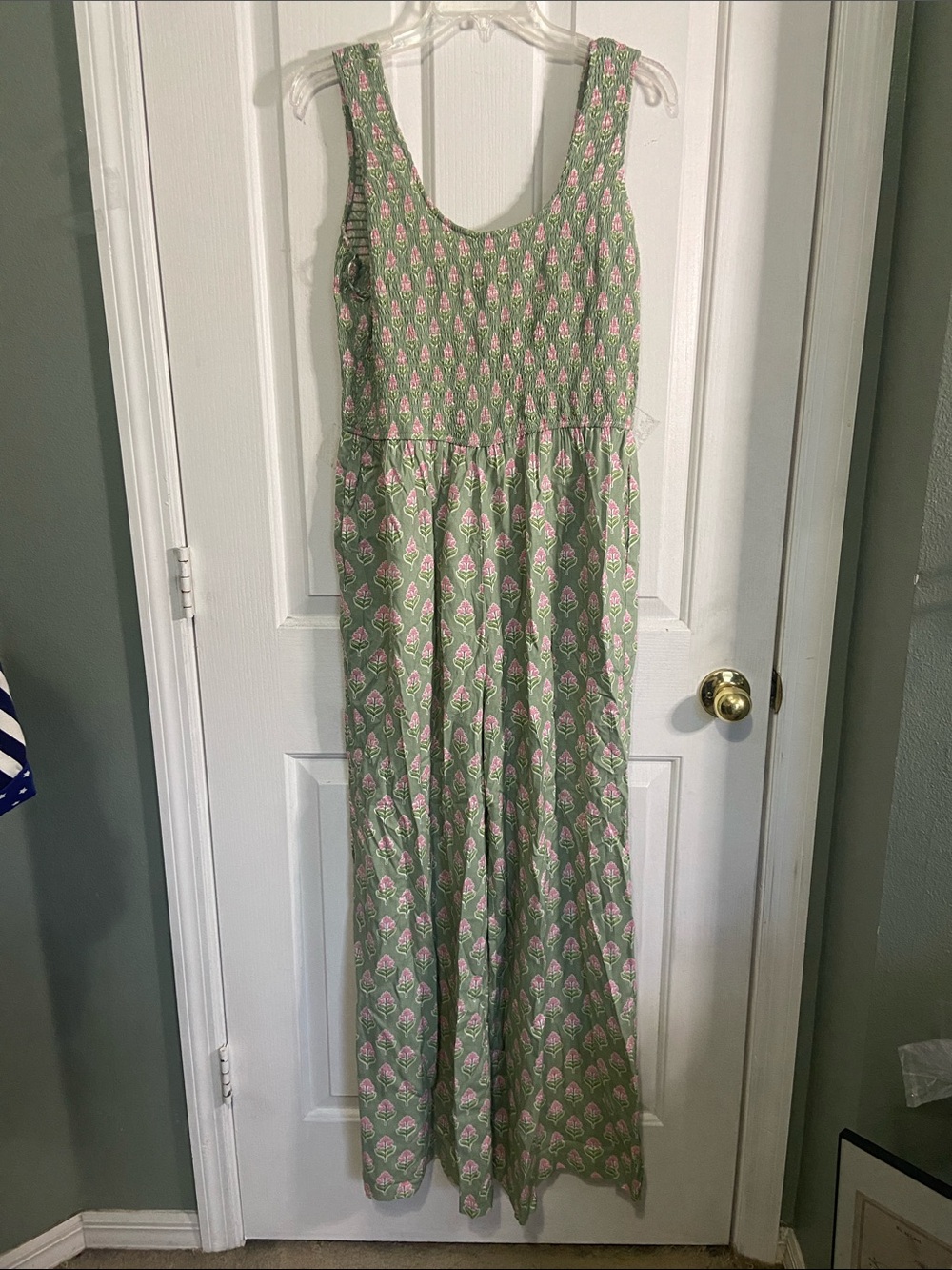 Sleeveless Smocked Maxi Jumpsuit in Sage Green with Pink Floral Print